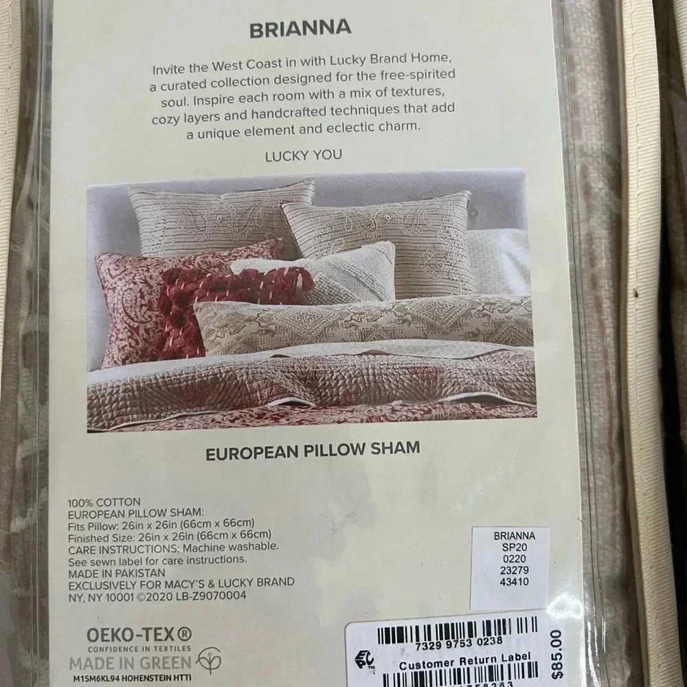 LUCKY BRAND Brianna European Pillow Sham 2 Pk 100% Cotton Embroidery Decorative